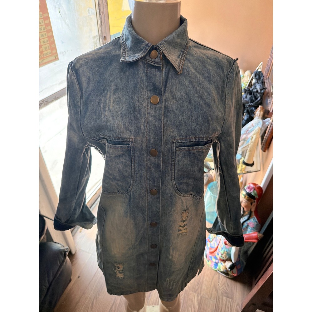 Mane Dope Distressed Denim Shirt Dress Light Wash Embroidered Graphic Shacket